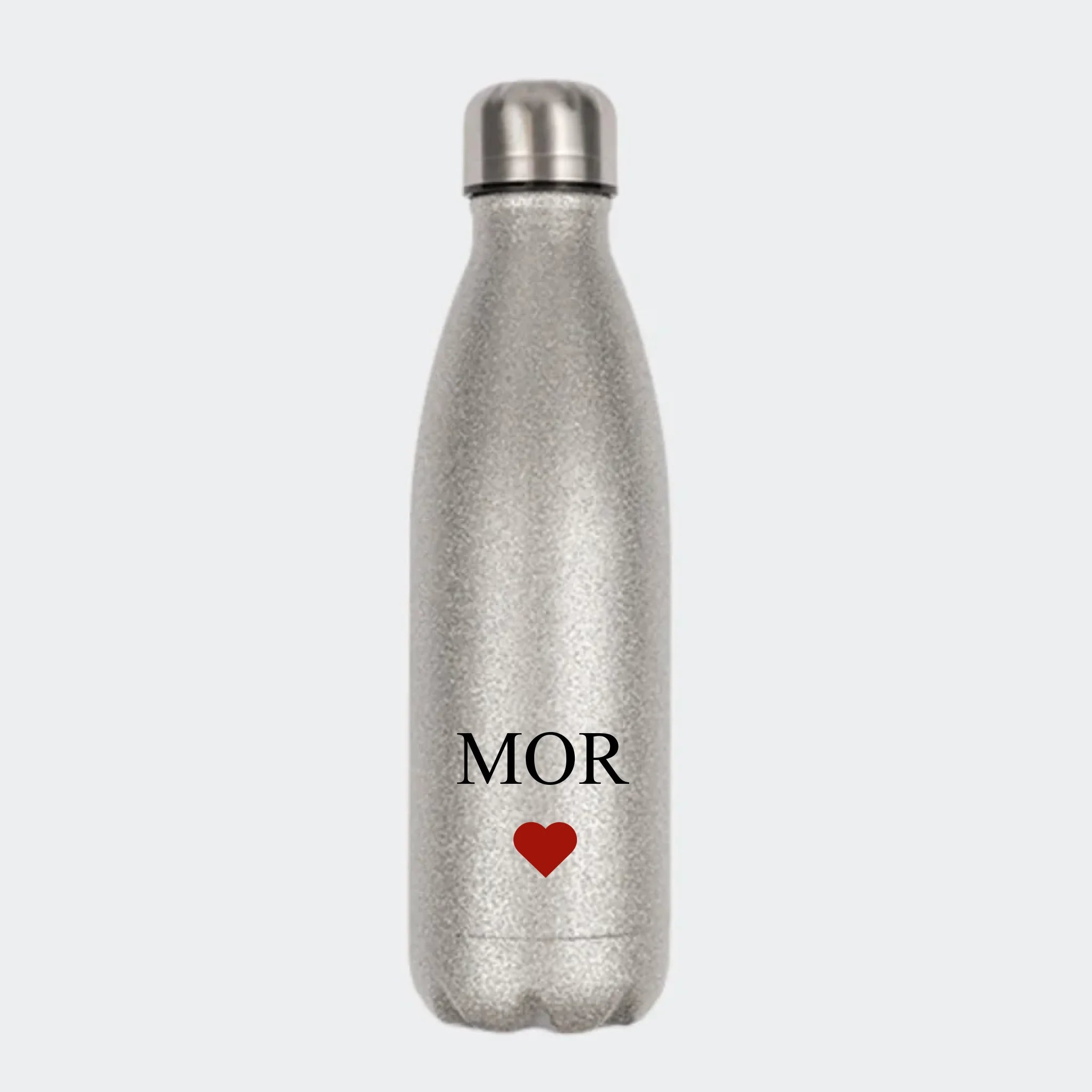 Glitter drikkedunk - flere farver med tekst og hjerte Customizer 123Unik Glitter drikkedunk Sølv 500ml
