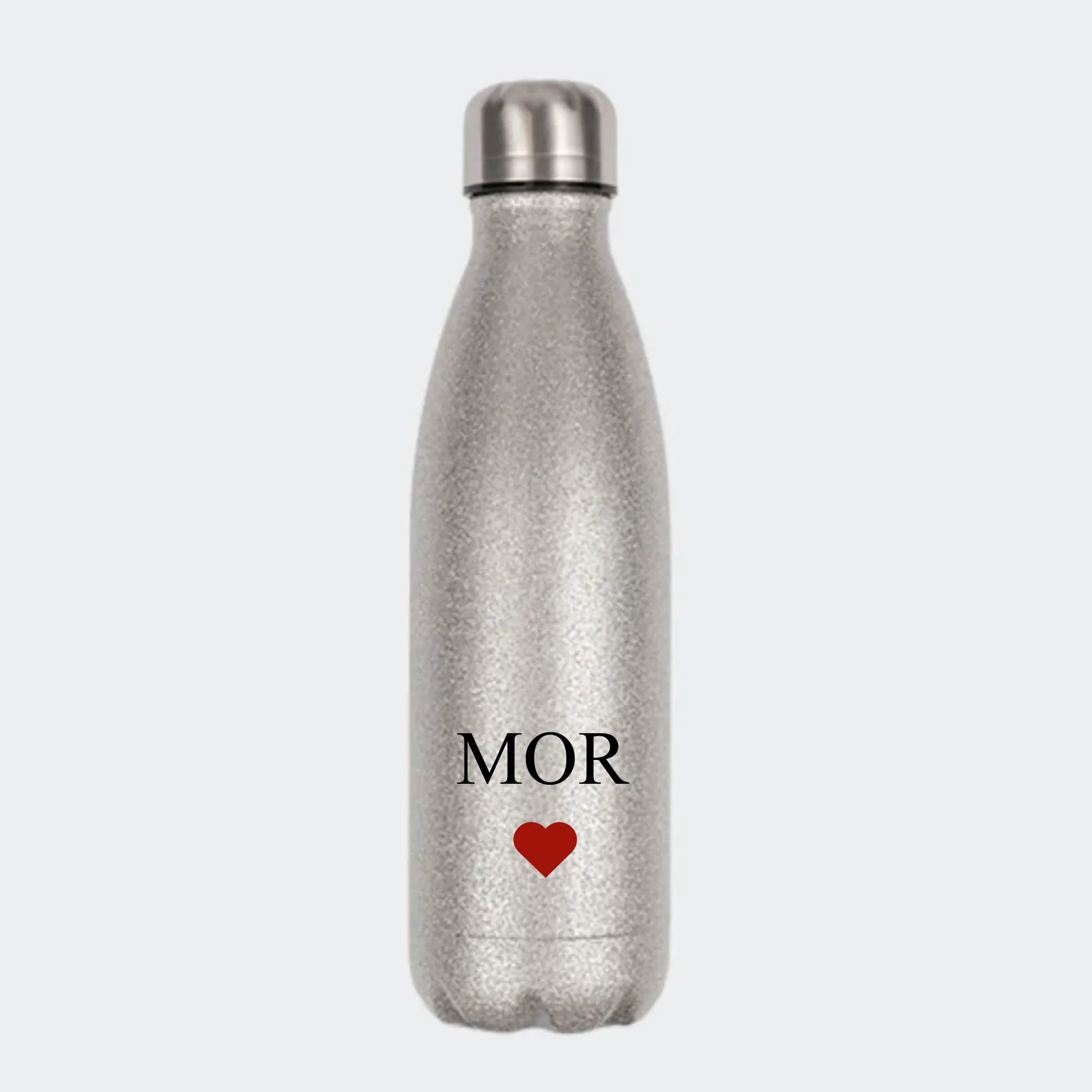 Glitter drikkedunk - flere farver med tekst og hjerte Customizer 123Unik Glitter drikkedunk Sølv 500ml