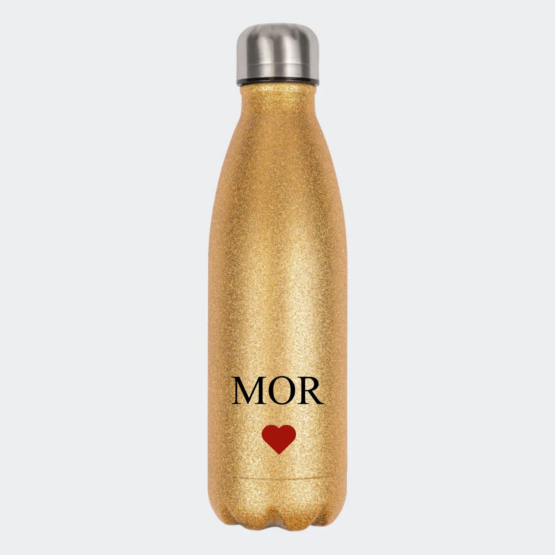 Glitter drikkedunk - flere farver med tekst og hjerte Customizer 123Unik Glitter drikkedunk Guld 500ml
