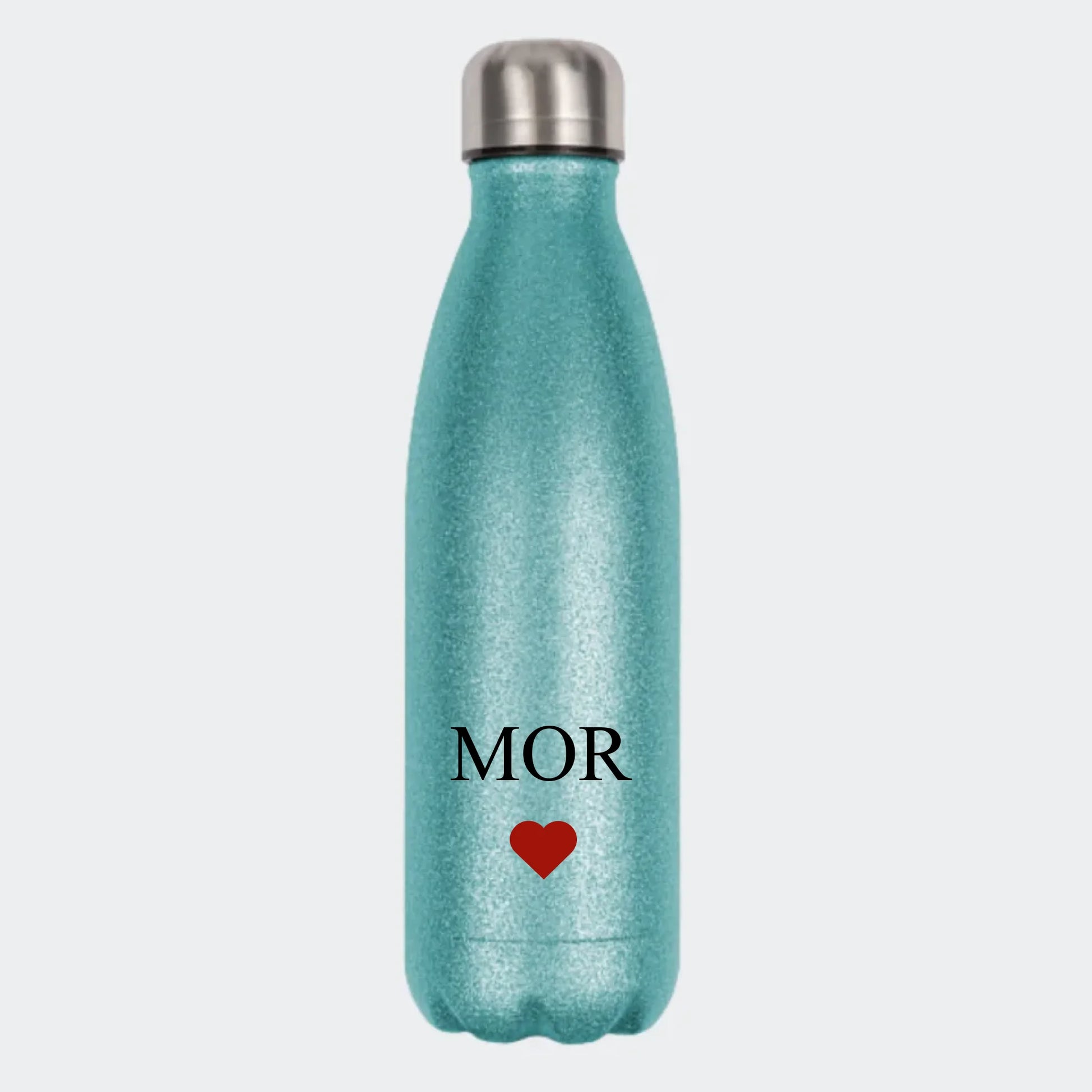 Glitter drikkedunk - flere farver med tekst og hjerte Customizer 123Unik Glitter drikkedunk Blå 500ml